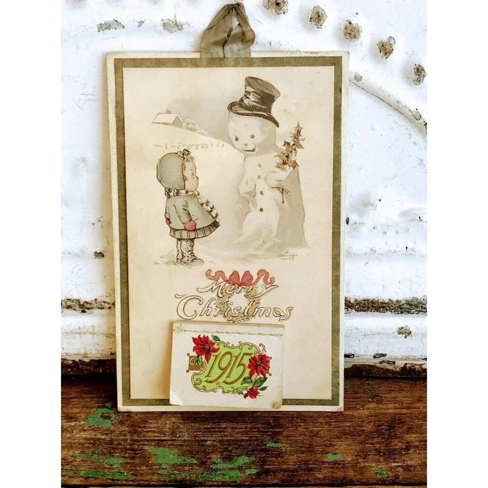 Antique 1915 Die cut Calendar Card Girl Snowman